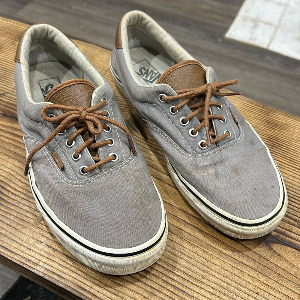 Vans gray canvas and leather W/ cord laces size.